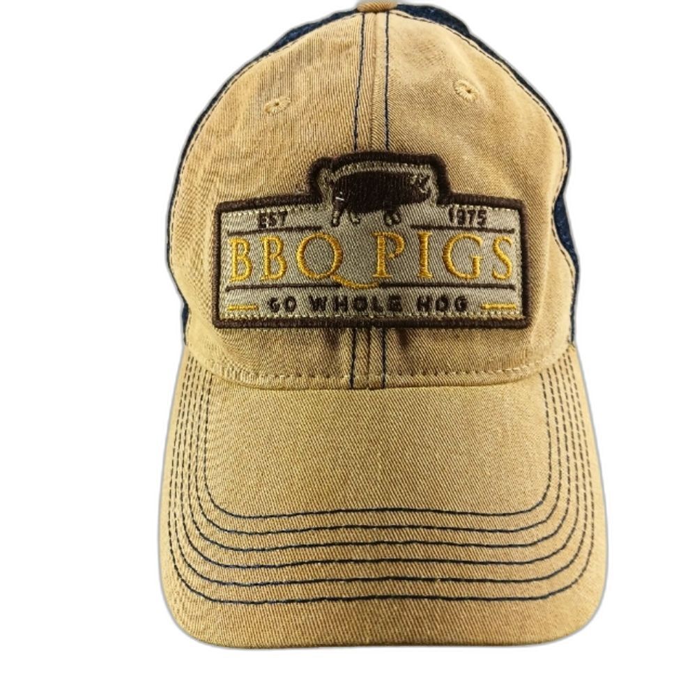 Legacy BBQ " Go Whole Hog" Embroidered Ball Cap Tan/ Blue Mesh. Snap Back.......
